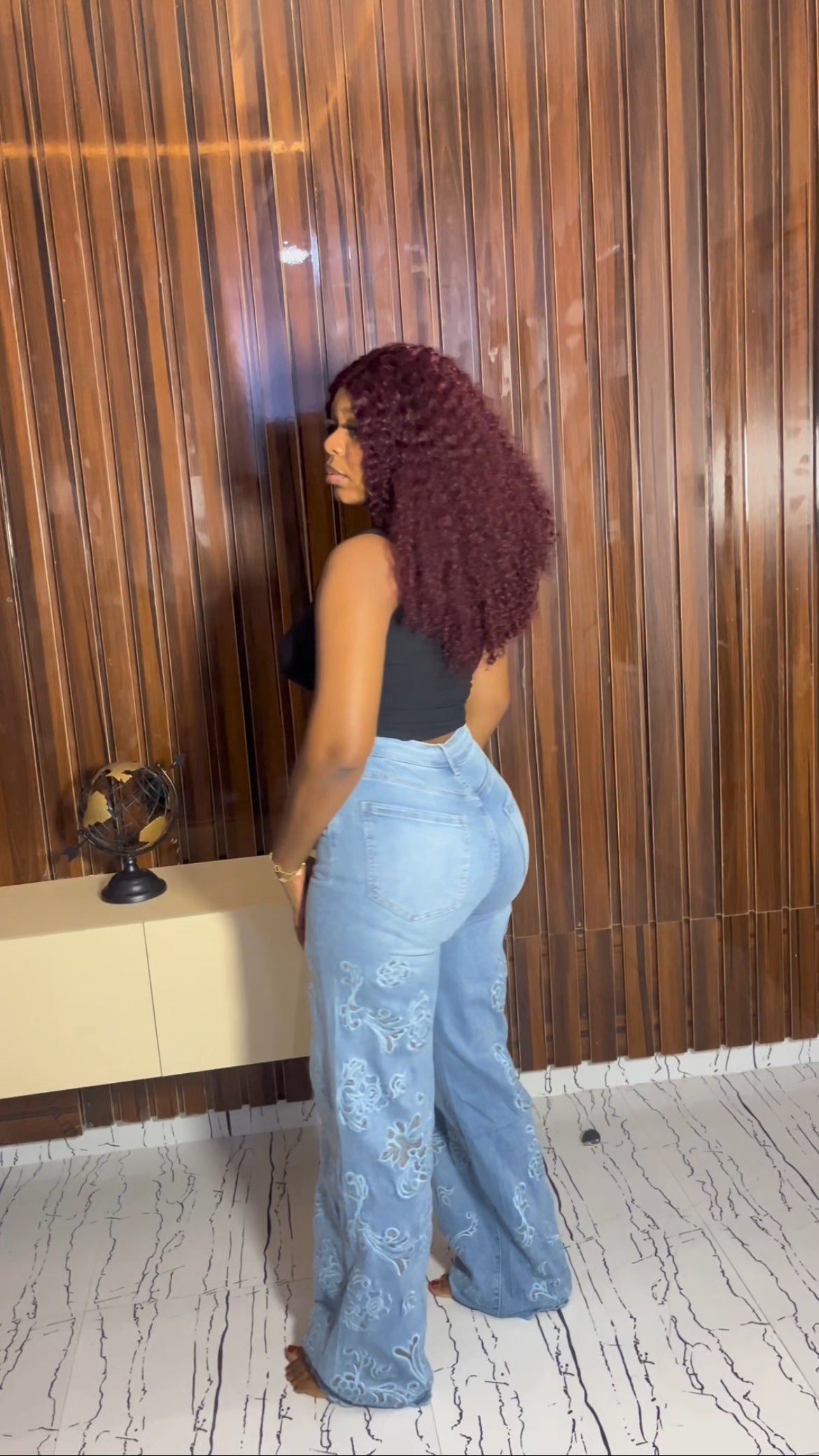 Lace design light blue jeans