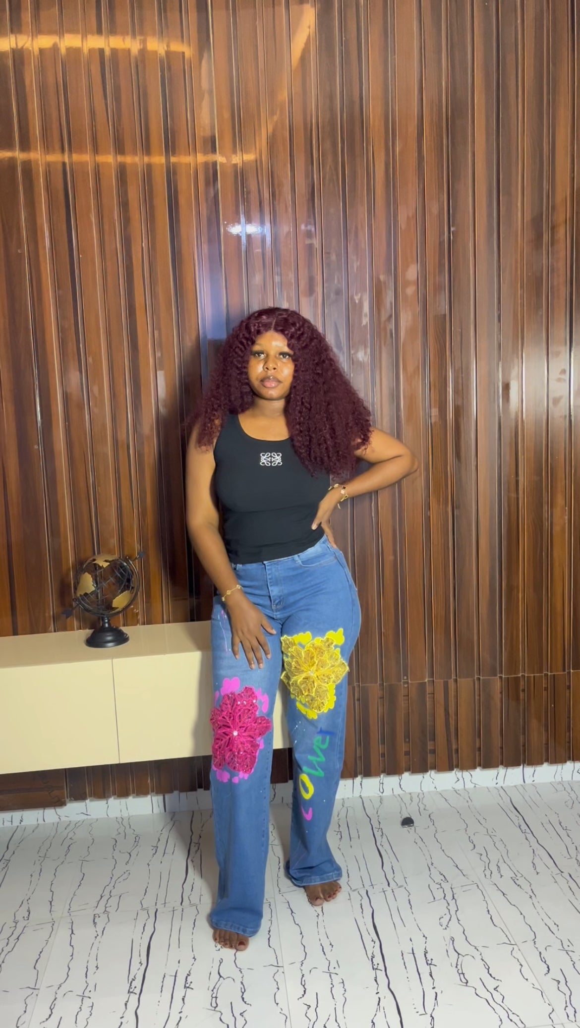 Flower design light blue jeans